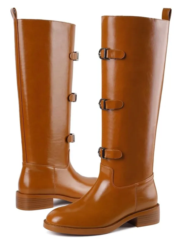 NEW Vegan Leather Knee High Boots Round Toe Chunky Low Heel Pull On Riding 7 - Image 8
