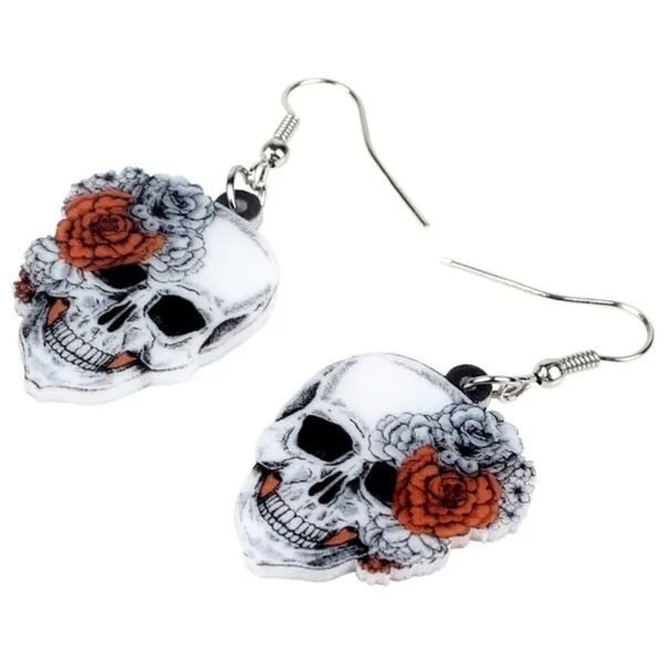 Skull Rose Flower Earrings Gray - Image 3