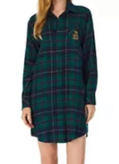 Ralph Lauren Green & Blue Plaid Long Sleeve Button Front Sleep Shirt Dress S - Image 2