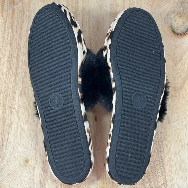 Victorias Secret Leopard Print Faux Fur Trim Satin Slippers‎ Tan Black Medium - Image 9
