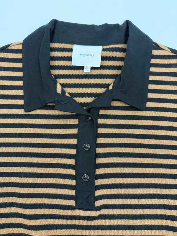 Reformation Anna Rugby Shirt Black And Tan Stripe Extra Large Crop Polo Sporty - Image 10