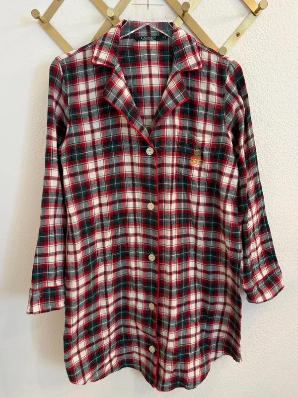 Ralph Lauren Plaid Flannel Sleep Shirt Medium Red Green Gold - Image 2