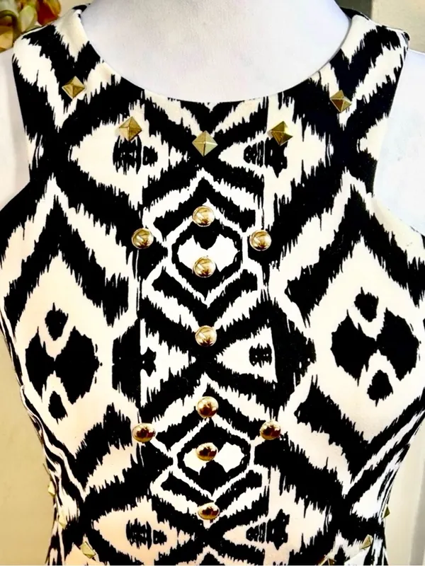 💥Belle Badgley Mischka Ikat Studded Halter Maxi Dress Black Ivory Sz 2💛 - Image 6