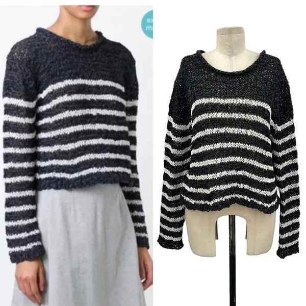 T by Alexander Wang‎ Sweater Knit Top Cropped Striped Crewneck Gray Size Medium - Image 2