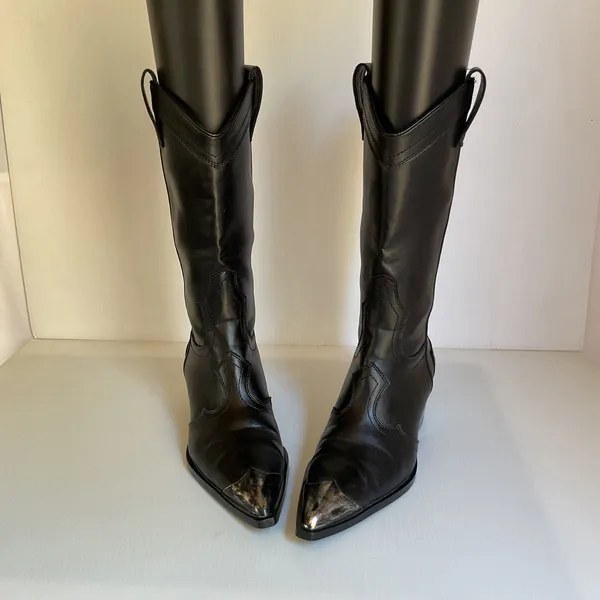 ZARA Women’s Black Western Cowboy Boots Size 37 US 6.5 Silver Metal Toe Y2K - Image 7