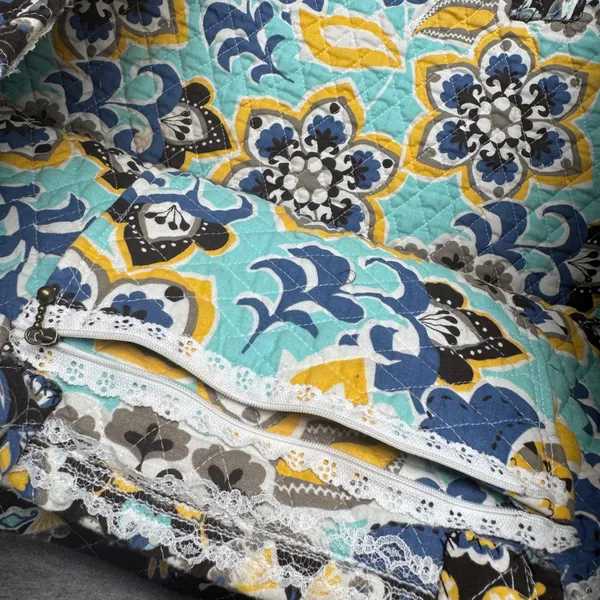 Quilted Butterfly Print Tote Bag Black‎ Blue Yellow Floral Interior Lace Trim - Image 5