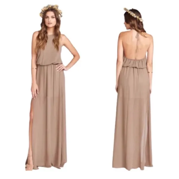 Show Me‎ Your Mumu Heather Halter Dune Maxi Dress Brown Chiffon XS Wedding Guest - Image 2