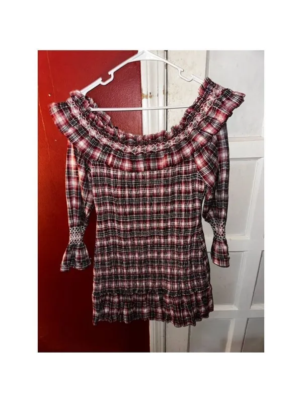 Anthropologie Pilcro Smocked Plaid Off-Shoulder Ruffle Mini Dress M Red White - Image 9