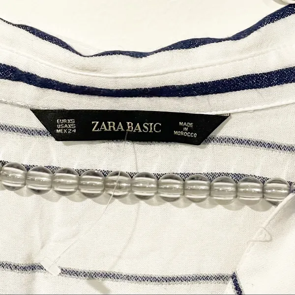 Zara Size XS‎ White Blue Stripe Half Button Quarter Sleeve Thin Knit Top - Image 3