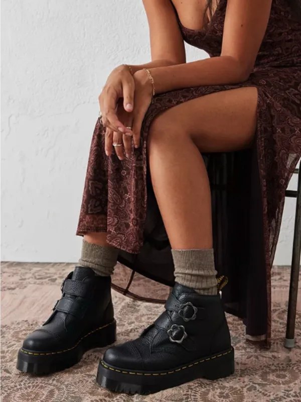 DR MARTENS Devon flower buckle black leather platform boots shoes women’s 9 new - Image 2