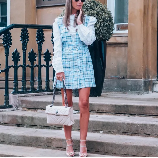 ZARA Blue and White Tweed Plaid Pinafore Mini Dress Medium Double Breasted - Image 3
