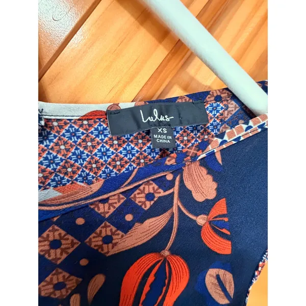 NWOT Lulus Bon Voyage Navy Blue Mixed Print Wide Leg Jumpsuit Slit Pants XS - Image 6