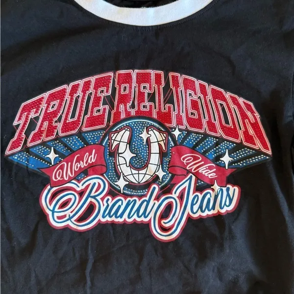 True Religion Ringer Baby Tee with Crystal Logo Black Small NWOT - Image 5