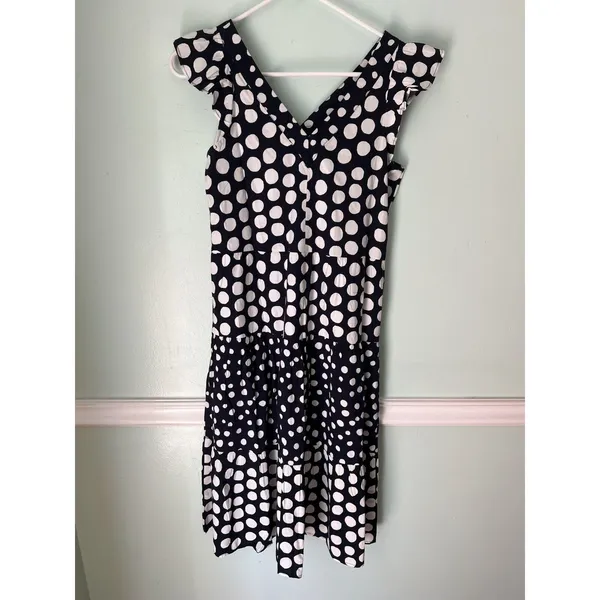 LOFT Midi Shift‎ Dress Blue White Circle Print Cap Short Sleeve Pullover XXS NWT - Image 3