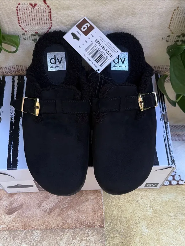 NEW DV Dolce Vita Faux Suede Clog Mule Gold Buckle Black Slide Slippers, Size 9 - Image 2