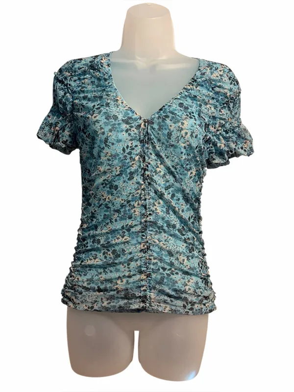 Anthropologie Floral Romantic Boho Shirred Mesh Ruched Stretchy Top Size XS - Image 2