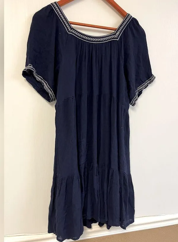 Anthropologie Olive+Oak Dress L Navy Blue Shift Short Tasseled ShortSleeve Lined - Image 2