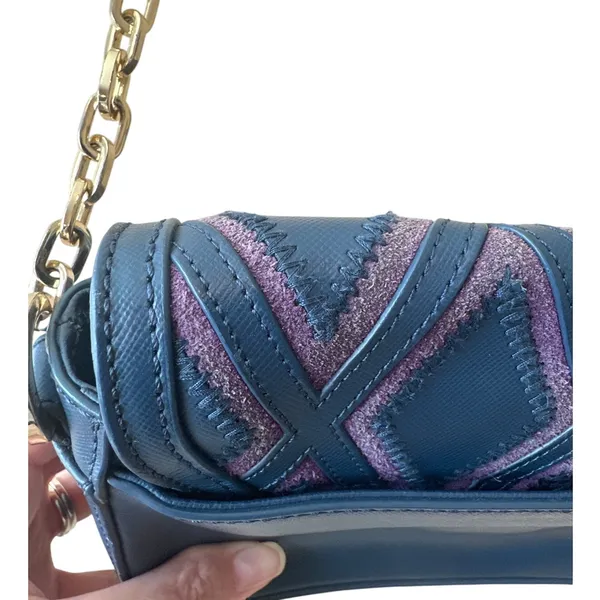 Tory Burch Robinson Patchwork Chain Crossbody Blue Leather Purple Suede‎ - Image 12
