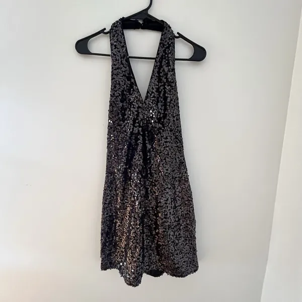 SHO by Tadashi Shoji Sleeveless Black‎ Sequin Halter Dress Size M - Image 2
