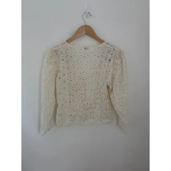 Wilfred Aritzia White Cotton Eyelet Cardigan V-Neck Puff‎ Sleeve Top Size M - Image 4