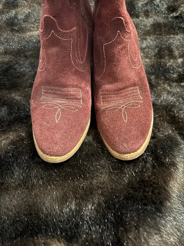 Vintage Red burgundy leather suede embroidered western cowboy boots 7.5 - Image 2