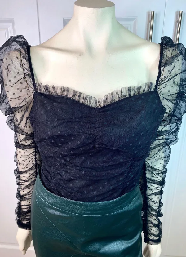 VICI Benefit Polka Dot Ruched Gathered Sleeve Mesh Tulle Top by Free the Roses - Image 7