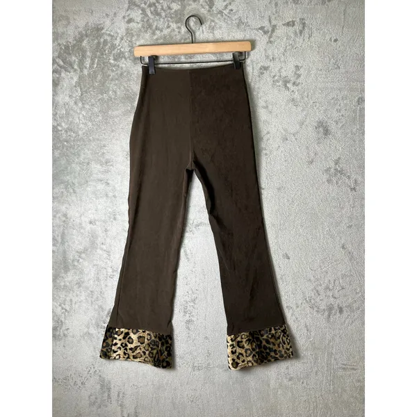 Vintage Y2K Leopard Cuff Flare Pants Brown Low Rise Stretch XS Indie Sleaze New - Image 3