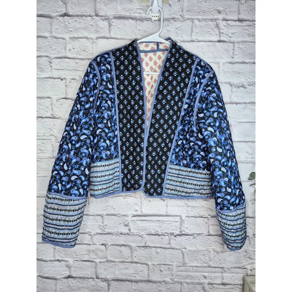 Reversible Quilted Jacket Floral Paisley Patchwork Cropped Boho Cottagecore L XL - Image 5