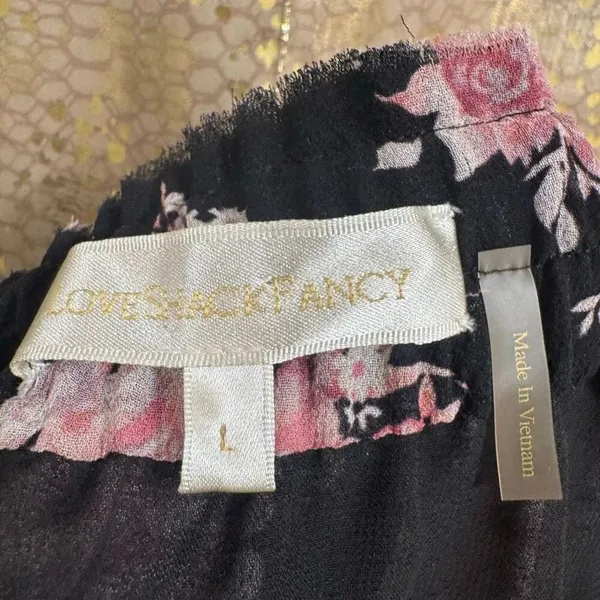 LoveShackFancy Pink Black Floral Garden Tiered Mini Skirt Large 100% Silk - Image 3