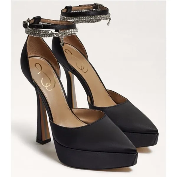 Sam Edelman Andie Pumps Black Satin Embellished Platform Heel Size 8.5 - Image 2