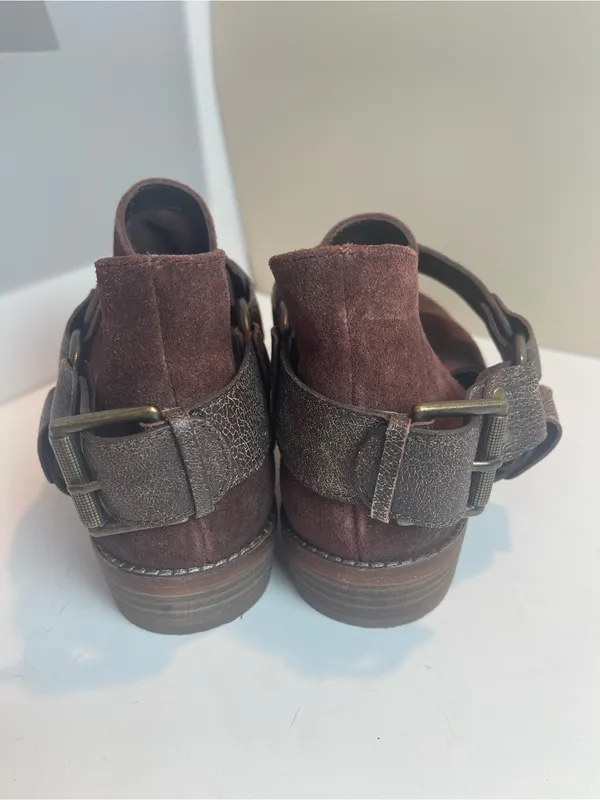 Free People Belle Harness Boots Brown Suede Leather Ankle Booties Buckle Size 8 - Image 3