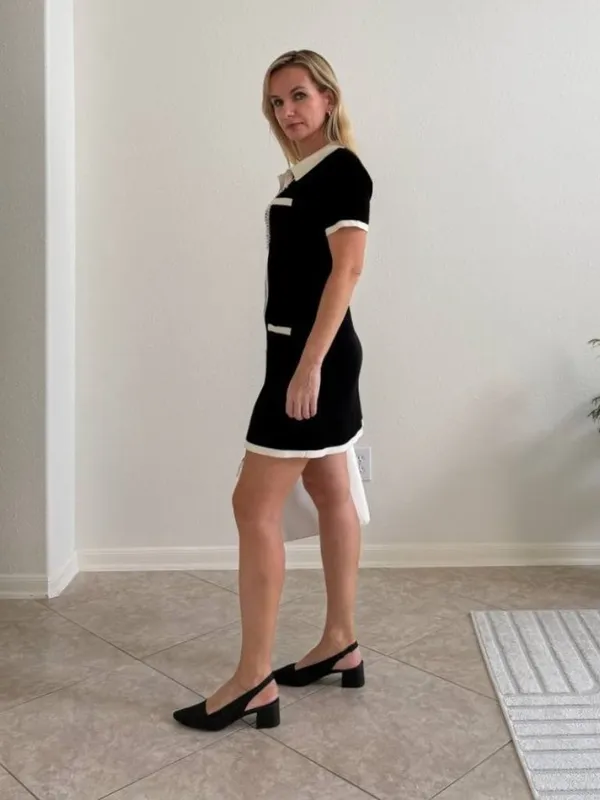OAK + FORT Collared Contrast Trim Knit Mini Dress Black White M - Image 3