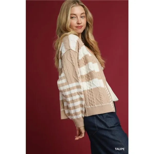 Umgee Cable-Knit Stripe Button-Up Cardigan‎ - Image 3