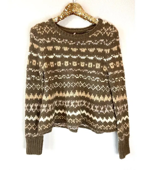 Free People Fair Isle Wool Blend Sweater Brown Cream Pattern Size Small - Image 2