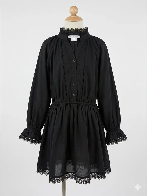 Girls' Black Long-Sleeve Lace-Trim Smocked Waist Dress Size12 100%Organic cotton - Image 2