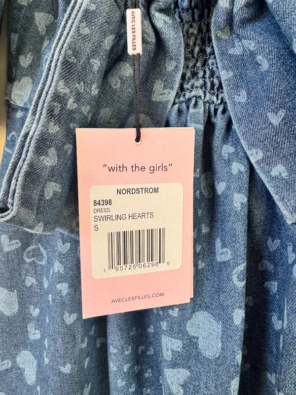 NWT Avec Les Filles Swirling Hearts denim puff sleeve babydoll minidress bow S - Image 9