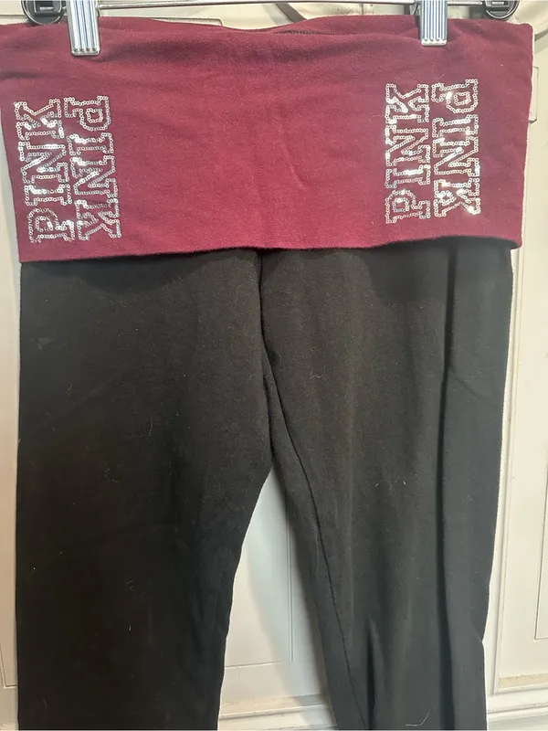 Vintage Black PINK Fold-Over Waistband Leggings - Black & Burgundy - Image 2