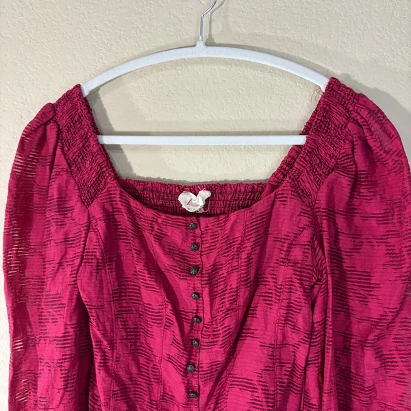 Anthropologie Pink Floral Ruffle Blouse Smocked Puff Sleeve Sz XS Cottagecore - Image 5
