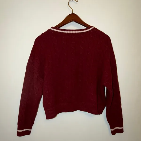 Harper & Ivy Boston Cable Knit Sweater Large Maroon Varsity Preppy Cropped Retro - Image 9