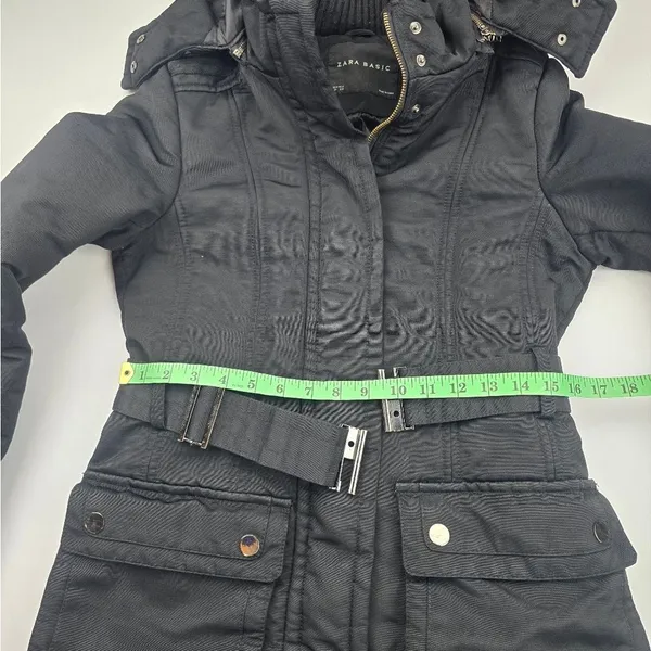 Zara Basic Black‎ Snap Button Pockets Full Zip Belted Lined Hooded Jacket Size M - Image 8