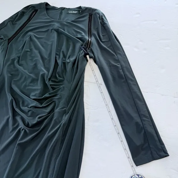 Ralph Lauren Dark‎ Green Jonni Faux Leather Trim Ruched Sheath Dress Size 16 - Image 7