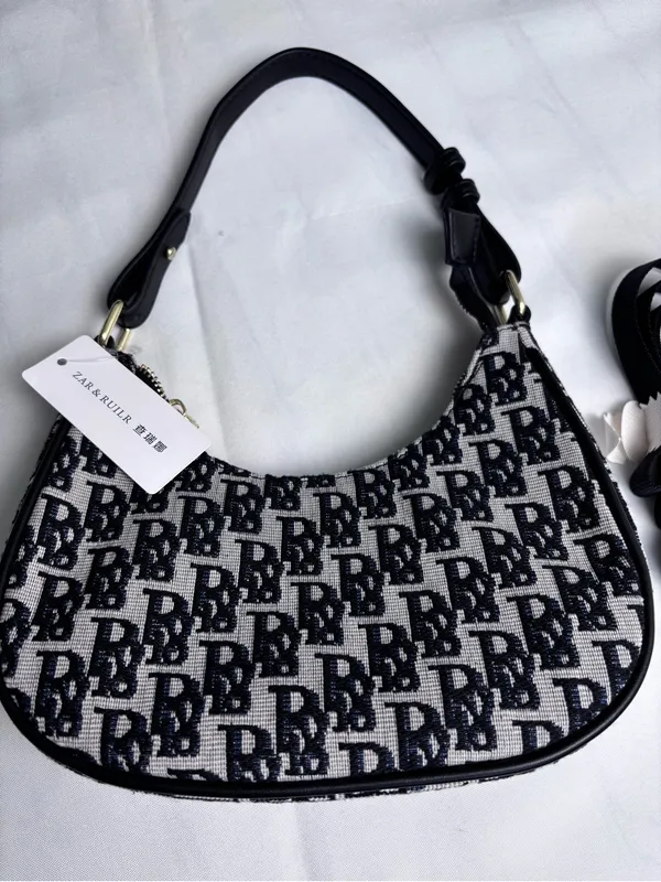 ZAR & RUILR Monogram Shoulder Bag With Crossbody Strap NWT Canvas Black White - Image 2