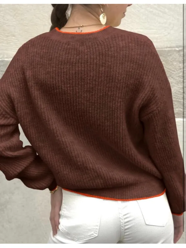NEW Crew Neck Long Sleeve Knit Contrast Piping Strip Pullover Sweater S - Image 2