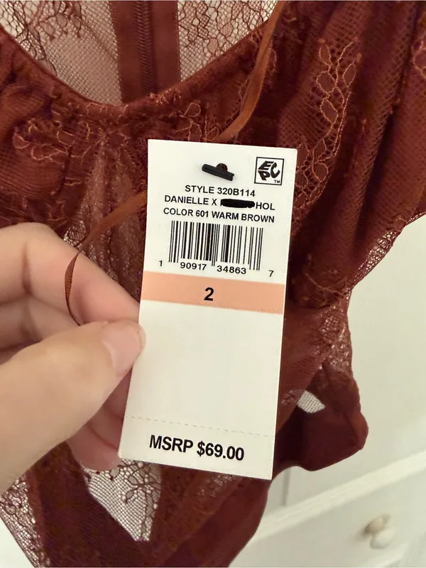NWT Danielle Bernstein Warm Brown Lace Sheer Structured Bodysuit Top Size 2 - Image 6