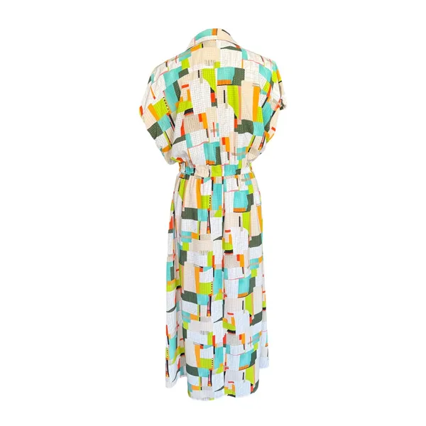 LDT Multi-Color Geometric Abstract‎ Print Button Front Midi Shirt Dress Size 6 - Image 4