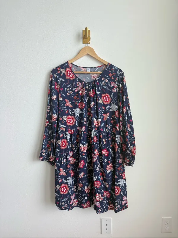 Old Navy Navy Floral Peasant Dress Women's Large Boho Keyhole Rayon Mini - Image 5