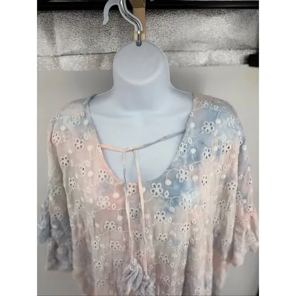 Surf Gypsy Eyelet Tie Dye Tassel Beach Dress Ruffle Flutter Sleeve M - Image 5