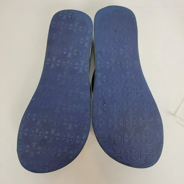 Tory Burch Womens Sandals Size 6.5 White and Blue Stripe‎ Slip On Heels - Image 6