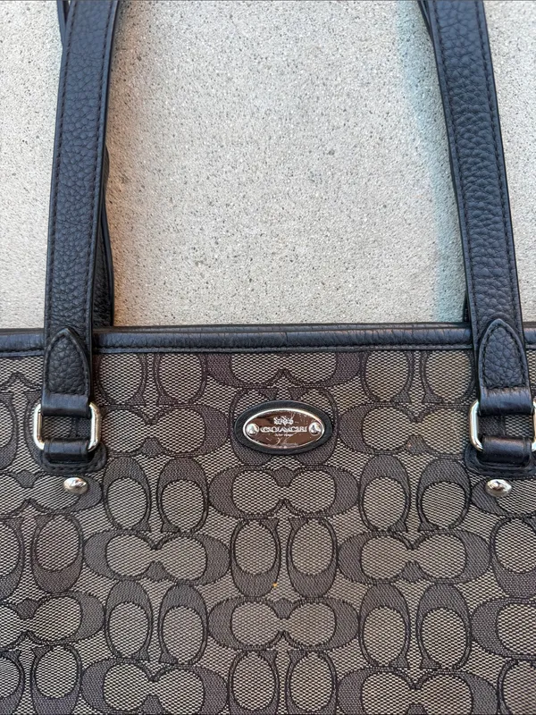 Coach Brown Signature Jacquard Monogram Zip Top Tote with Dark Leather Trim - Image 2