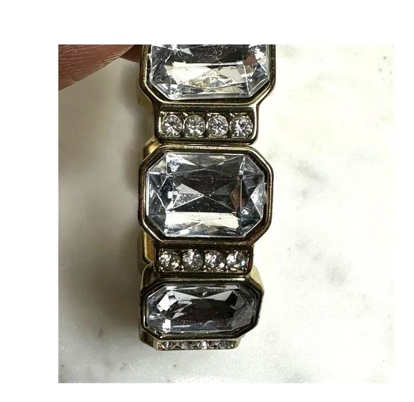 Gold-Tone Crystal Stretch Bracelet With Rhinestones & Rectangular Gemstones - Image 4